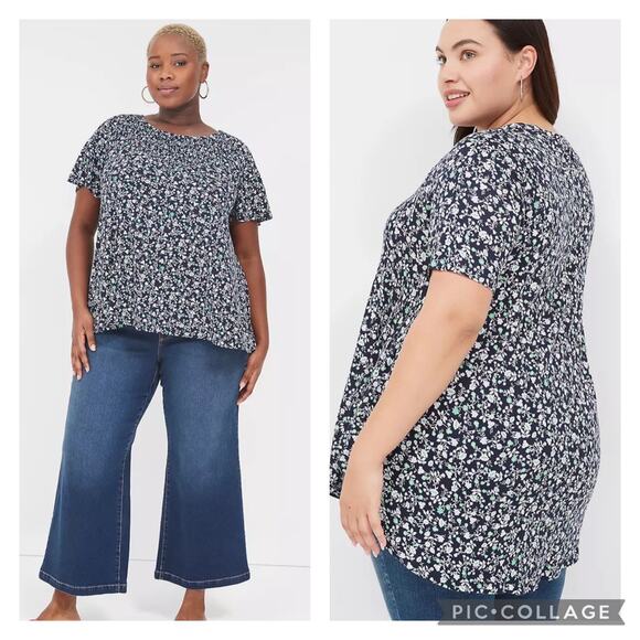 Lane Bryant Navy Floral Smocked Swing Top Plus Size 22/24 - Picture 1 of 7